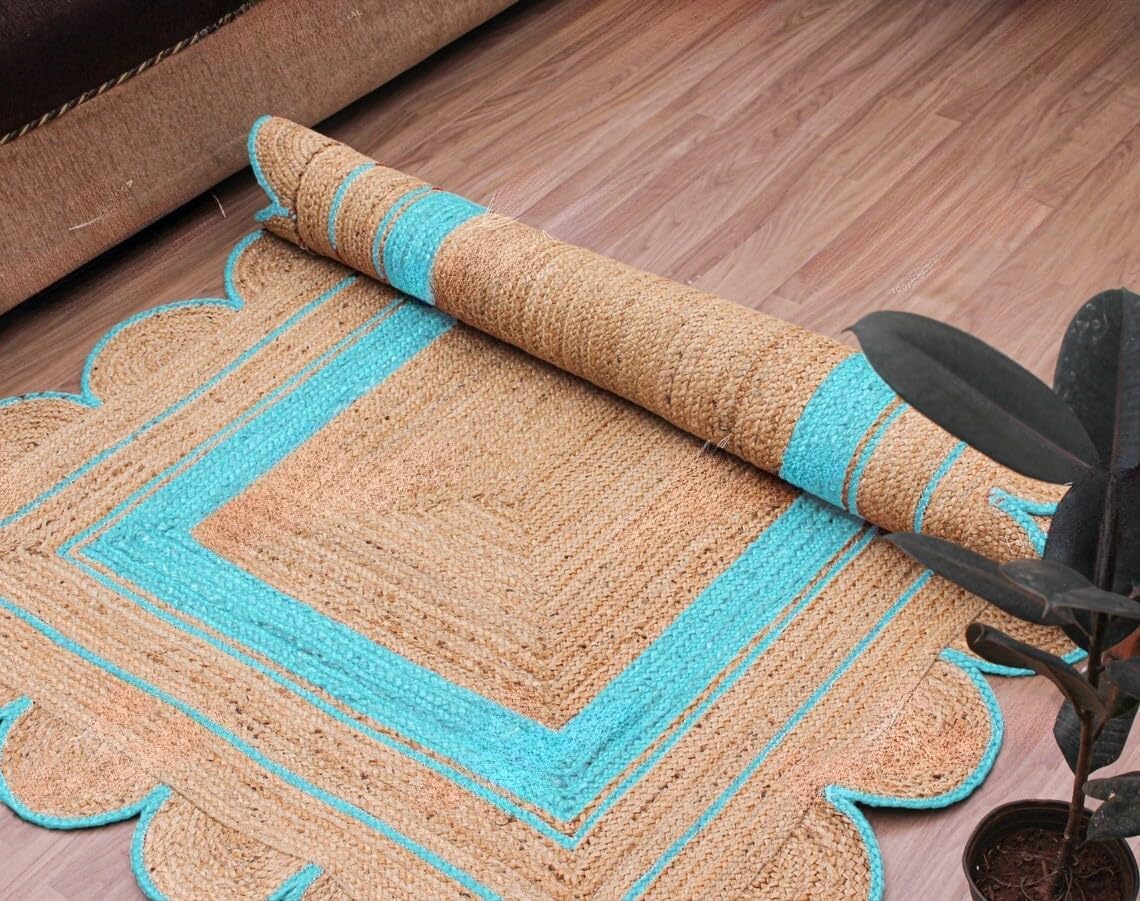 Handmade Scalloped Jute Rug – Boho Natural Fiber Rug with Unique Design