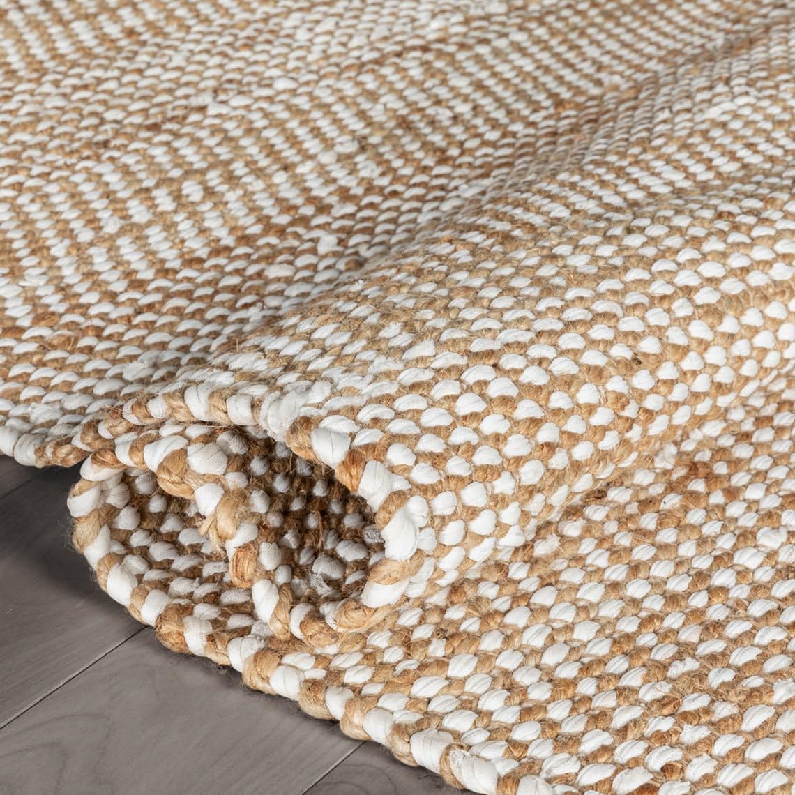 Handwoven Natural Jute and White Cotton jig Jak Design Rug,Eco-Friendly Rugs