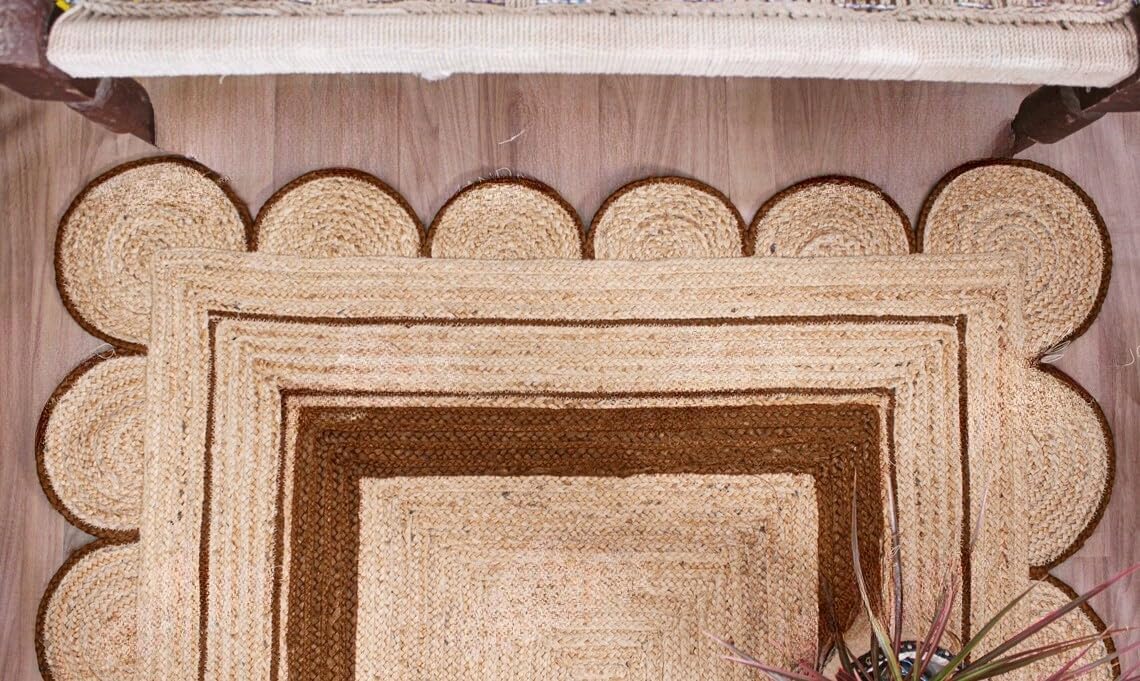 Handmade Scalloped Jute Rug – Boho Natural Fiber Rug with Unique Design