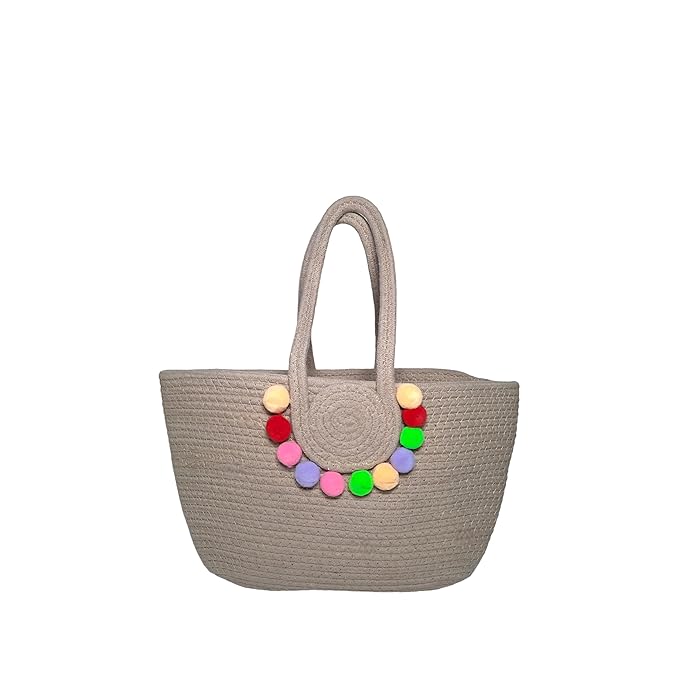 DECOR Pure Cotton Light Brown Jute Tote Bag with Pom Poms – Stylish