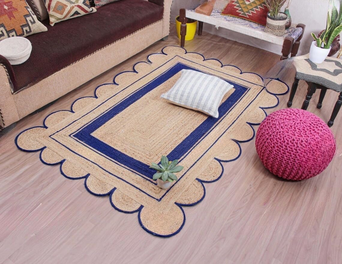 Handmade Scalloped Jute Rug – Boho Natural Fiber Rug with Unique Design