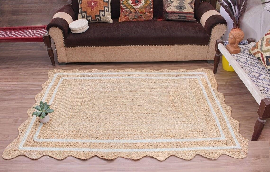Bohemian Scalloped Jute Rug – Unique Design Natural Fiber Area Rug