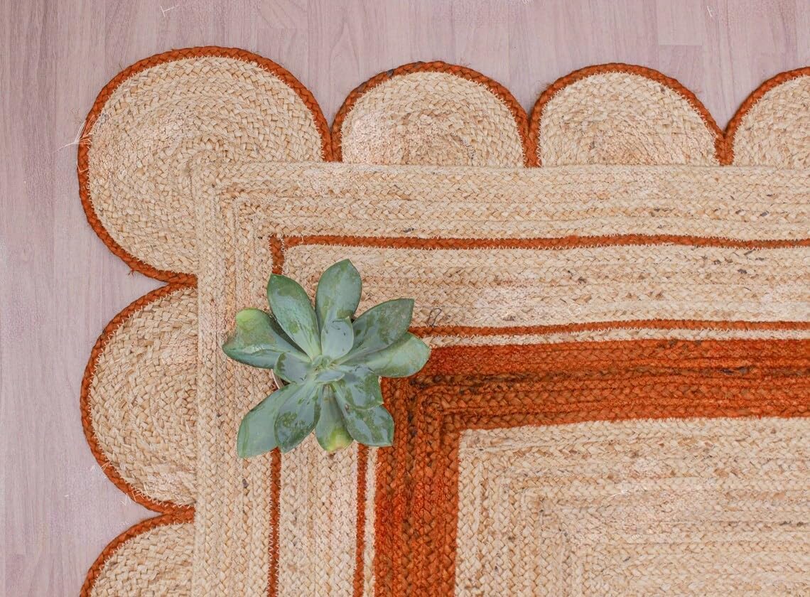 Handmade Scalloped Jute Rug – Boho Natural Fiber Rug with Unique Design