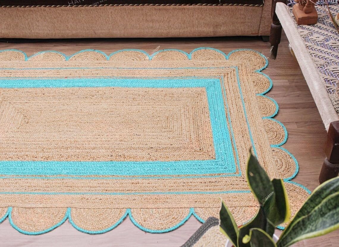 Handmade Scalloped Jute Rug – Boho Natural Fiber Rug with Unique Design