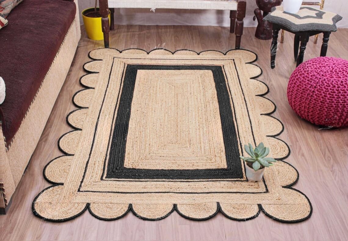 Handmade Scalloped Jute Rug – Boho Natural Fiber Rug with Unique Design