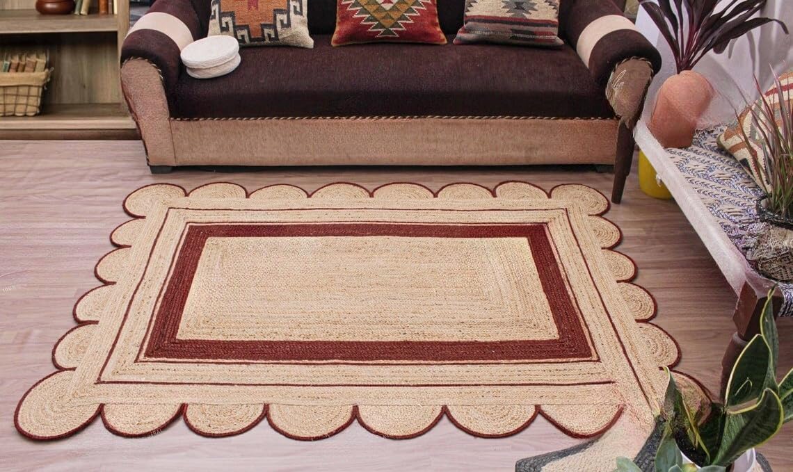 Handmade Scalloped Jute Rug – Boho Natural Fiber Rug with Unique Design