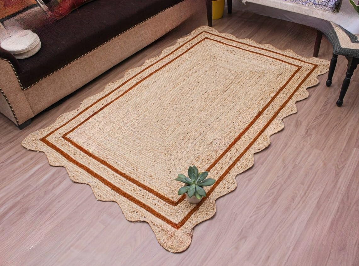 Bohemian Scalloped Jute Rug – Unique Design Natural Fiber Area Rug