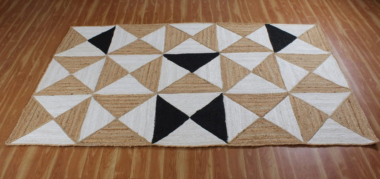 Beige and Black Indian Rug – Hand-Woven Geometric Area Rug for Living Room