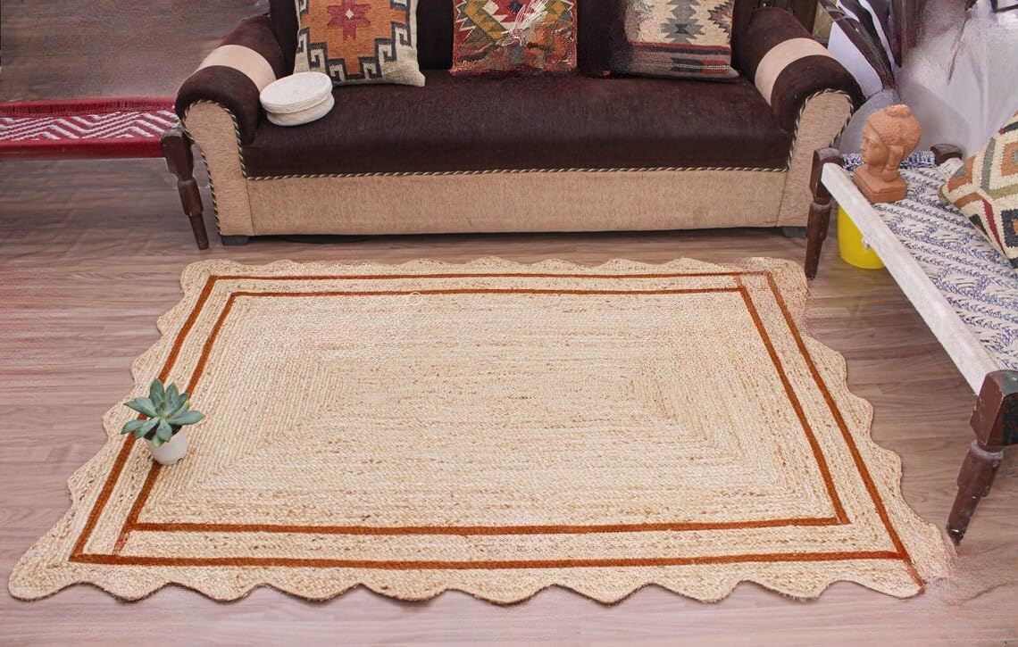 Bohemian Scalloped Jute Rug – Unique Design Natural Fiber Area Rug