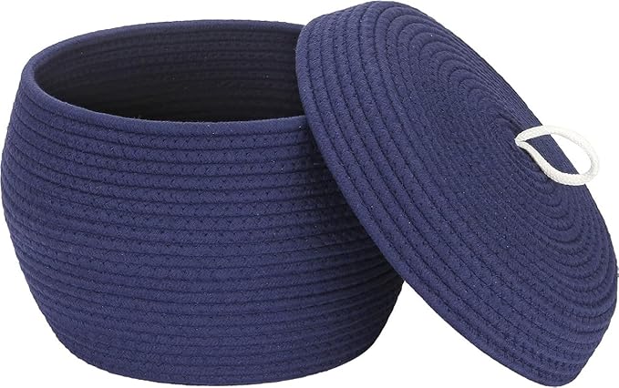 Round Cotton Rope Storage Basket with Lid, Decorative Woven Storage Bin, Pot, Caddy, Organizer, Container for Snacks