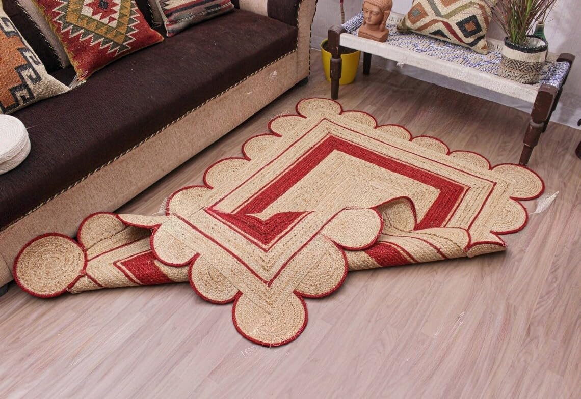 Handmade Scalloped Jute Rug – Boho Natural Fiber Rug with Unique Design