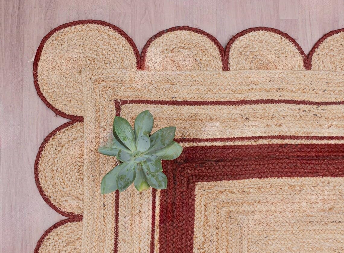 Handmade Scalloped Jute Rug – Boho Natural Fiber Rug with Unique Design