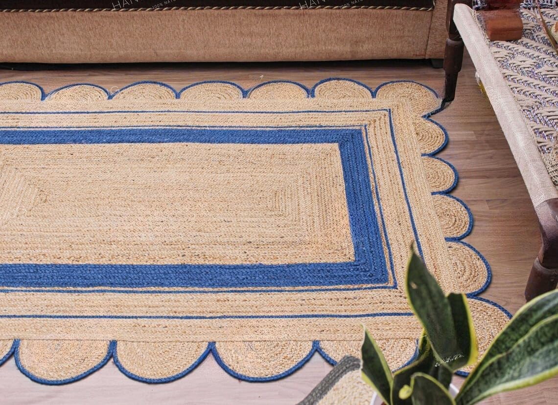 Handmade Scalloped Jute Rug – Boho Natural Fiber Rug with Unique Design