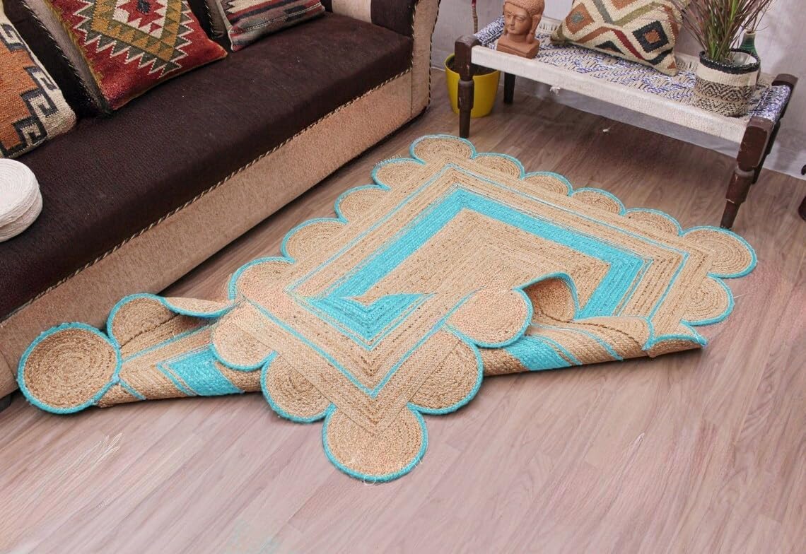 Handmade Scalloped Jute Rug – Boho Natural Fiber Rug with Unique Design