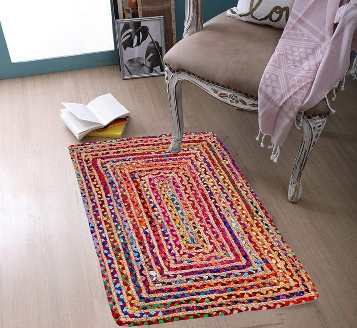 Indian Handmade Braided Rug – Colorful Jute Chindi Cotton Carpet for Home Interiors