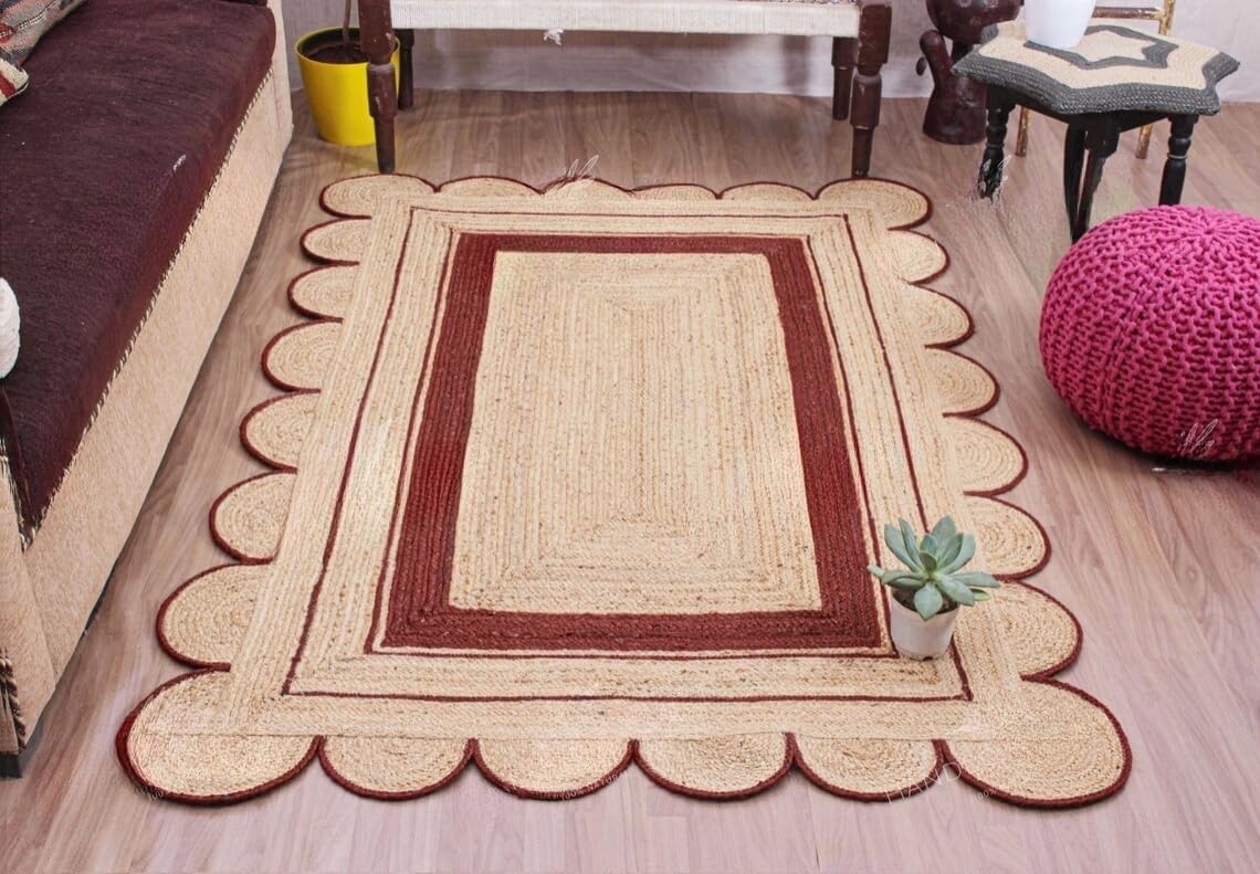 Handmade Scalloped Jute Rug – Boho Natural Fiber Rug with Unique Design