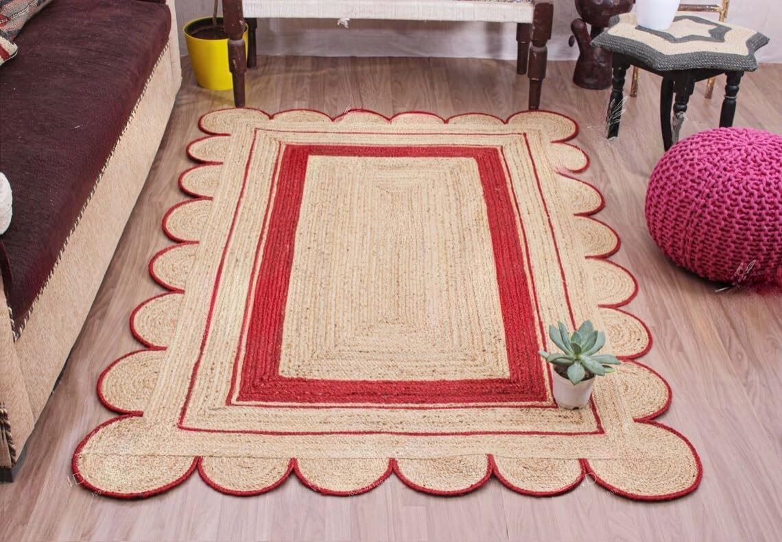 Handmade Scalloped Jute Rug – Boho Natural Fiber Rug with Unique Design