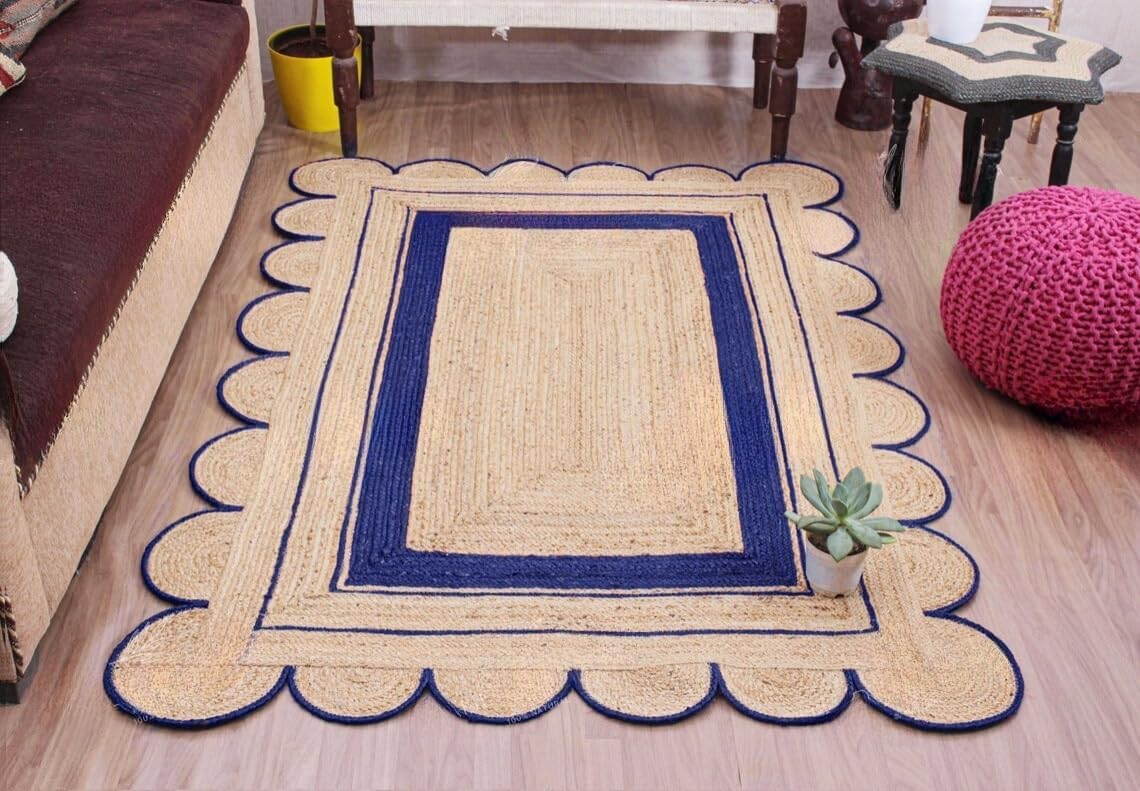 Handmade Scalloped Jute Rug – Boho Natural Fiber Rug with Unique Design