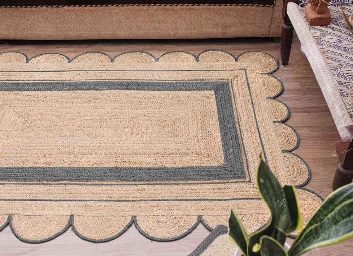 Handmade Scalloped Jute Rug – Boho Natural Fiber Rug with Unique Design