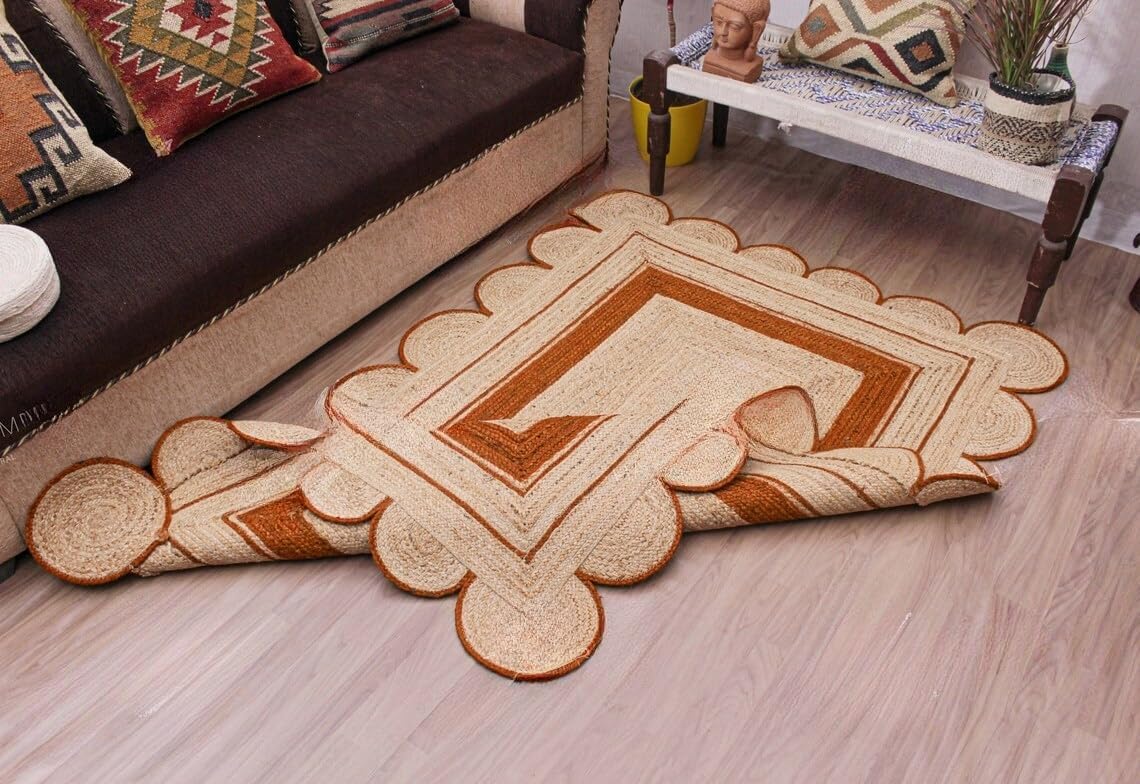 Handmade Scalloped Jute Rug – Boho Natural Fiber Rug with Unique Design