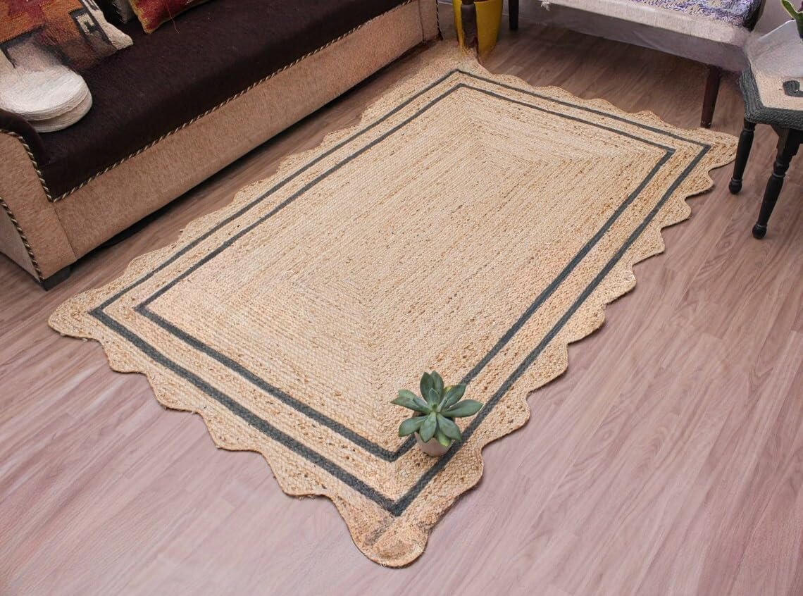 Bohemian Scalloped Jute Rug – Unique Design Natural Fiber Area Rug