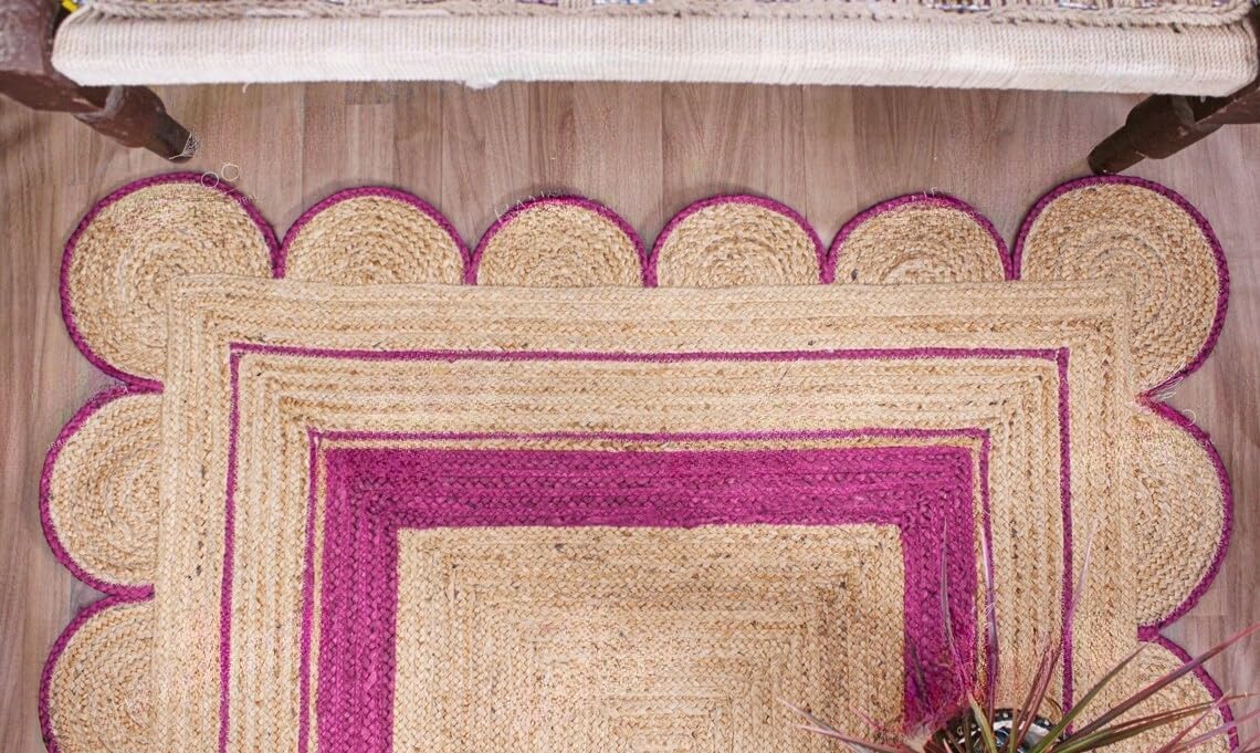 Handmade Scalloped Jute Rug – Boho Natural Fiber Rug with Unique Design