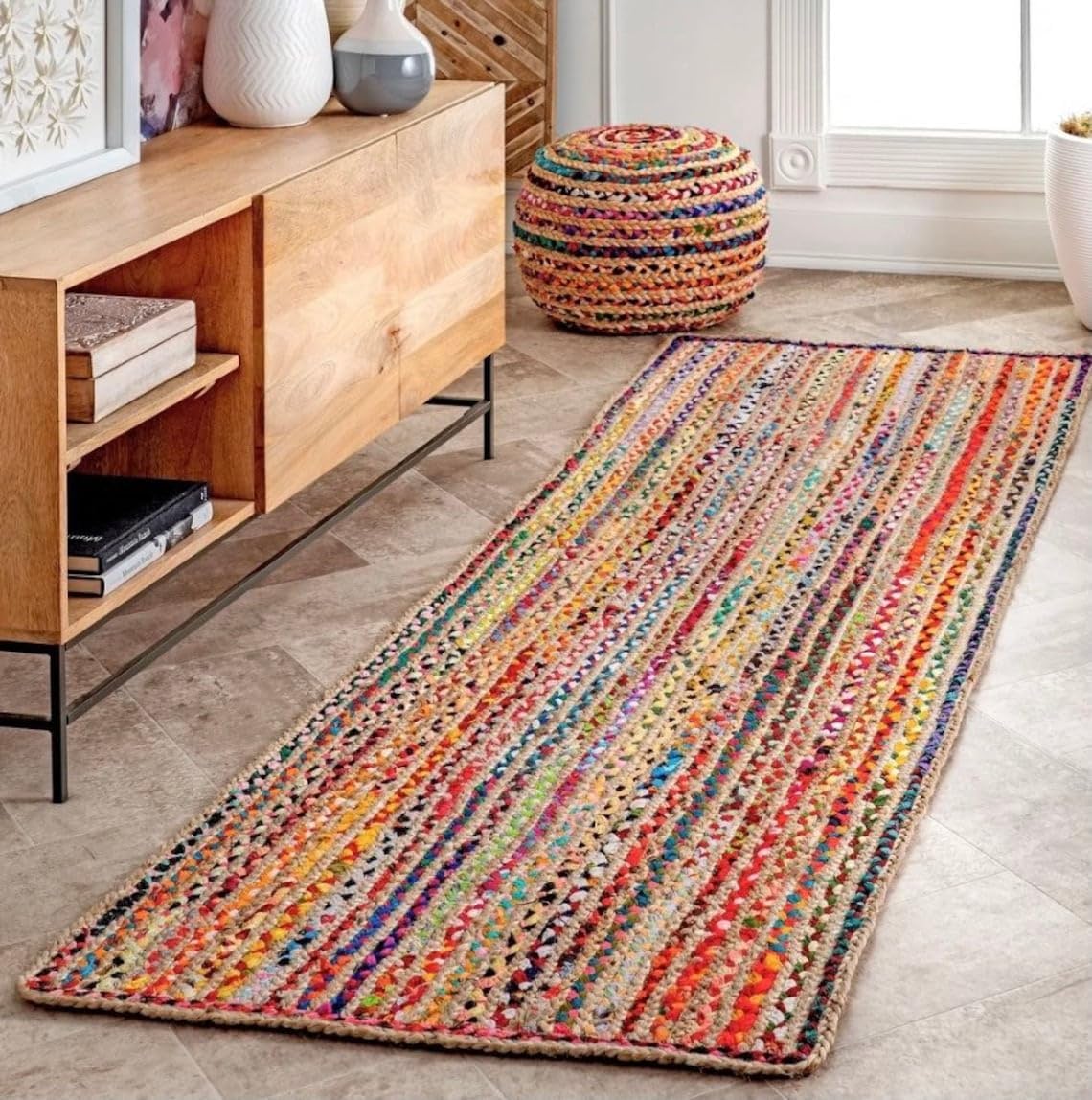 Multicolor Doormat Cotton-jute Hand braided Runner Rug