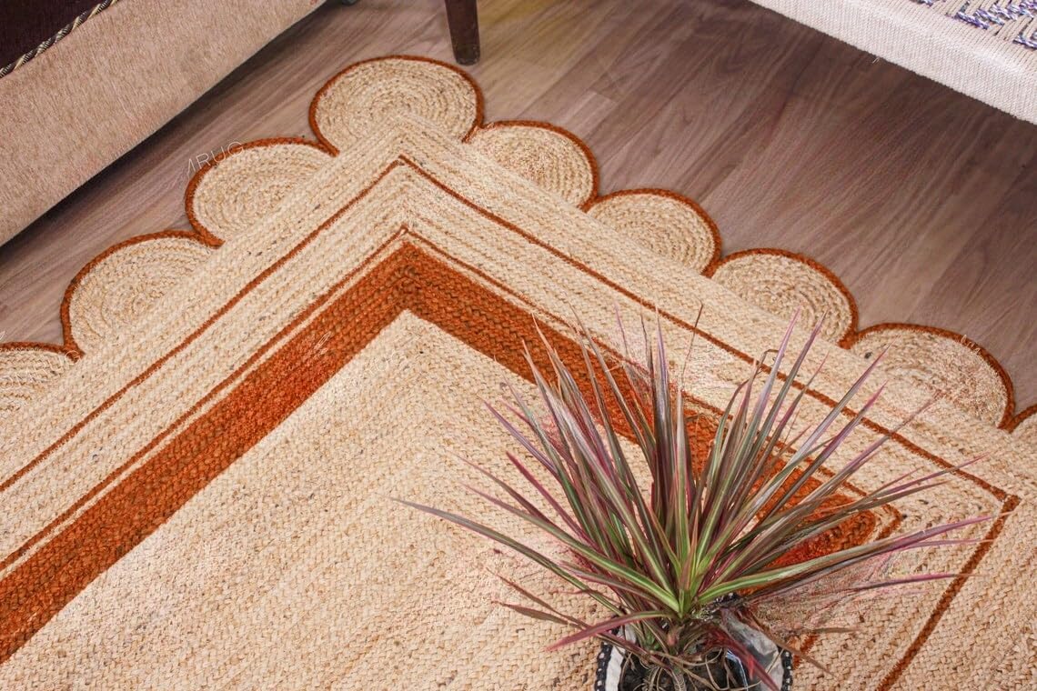 Handmade Scalloped Jute Rug – Boho Natural Fiber Rug with Unique Design