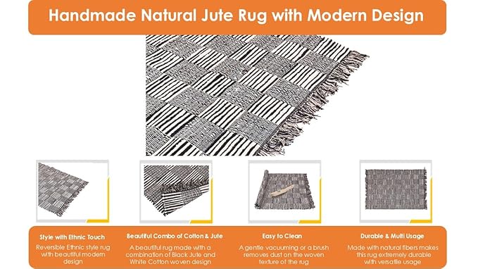 Handmade Black Cotton & Jute Fashion Floor Carpet Reversible Rug Mat