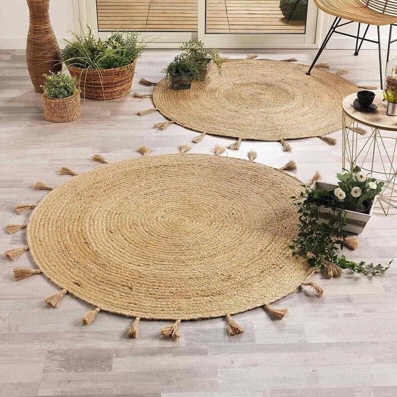 Eco-Friendly Round Jute Rug – Boho Style Fringed Natural Area Rug