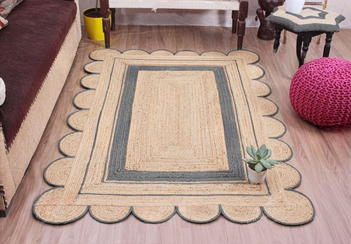 Handmade Scalloped Jute Rug – Boho Natural Fiber Rug with Unique Design