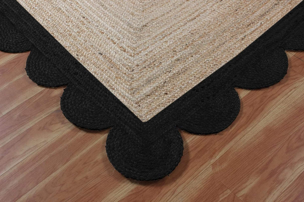 Black Border Jute Rug – Hand-Braided Scalloped Rug for Patio or Living Room