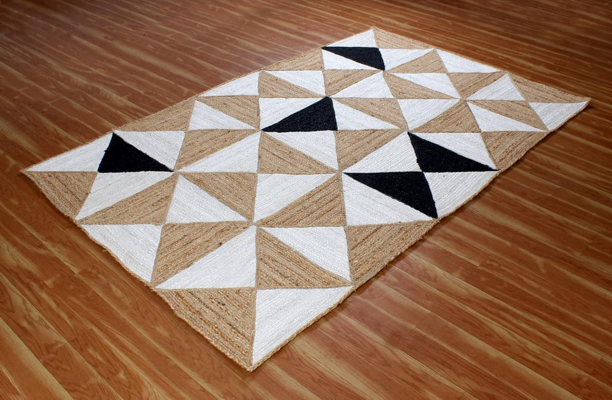 Beige and Black Indian Rug – Hand-Woven Geometric Area Rug for Living Room