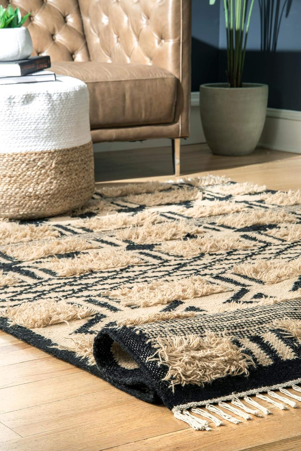 Mona Shaggy Tribal Stripes Wool Area Rug, Luxury Wool Jute Rugs
