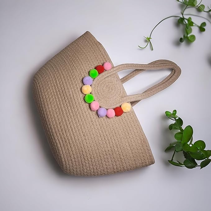 DECOR Pure Cotton Light Brown Jute Tote Bag with Pom Poms – Stylish