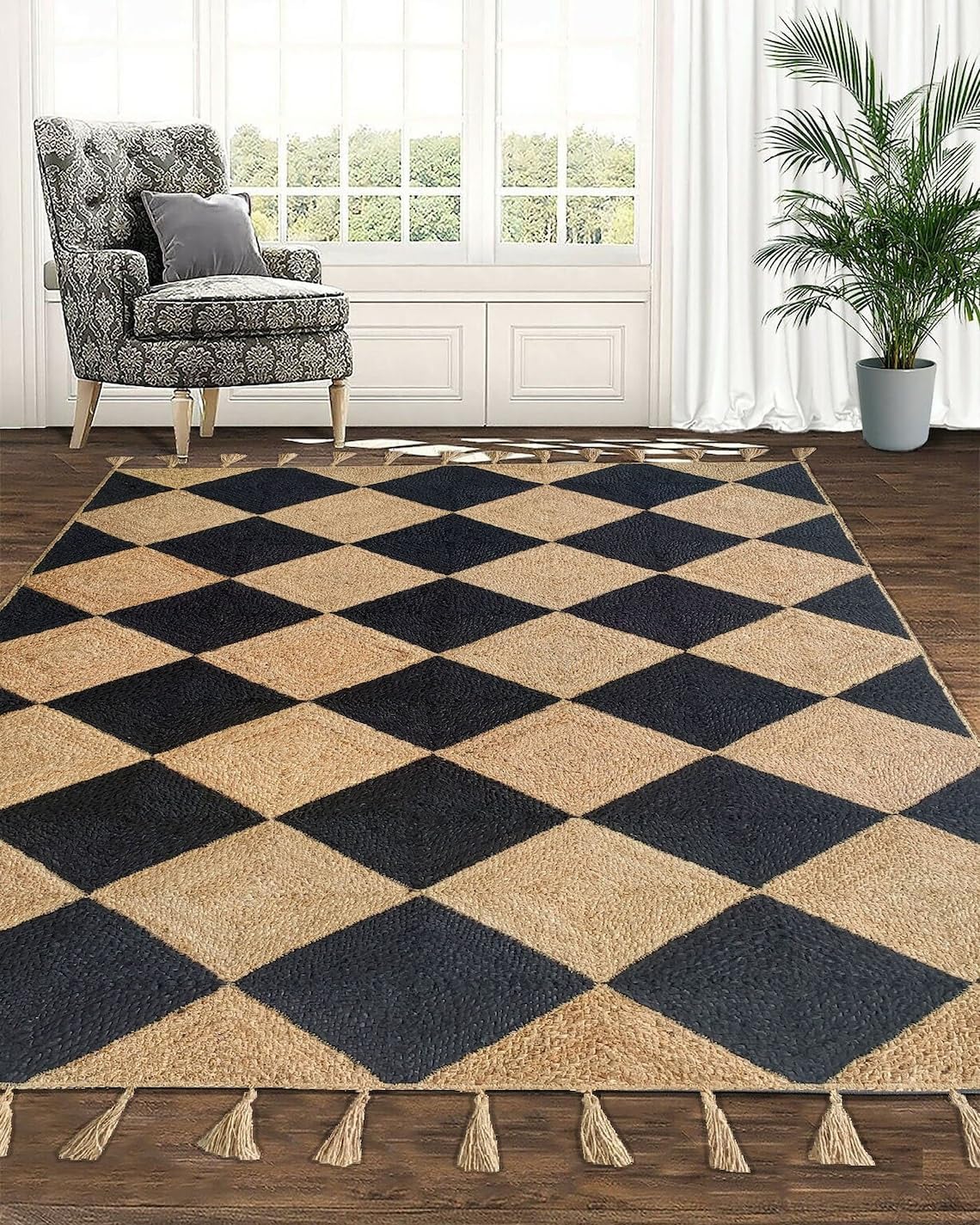 Diamond Pattern Hand Braided Natural Jute Rug – Indian Handmade Floor Decor