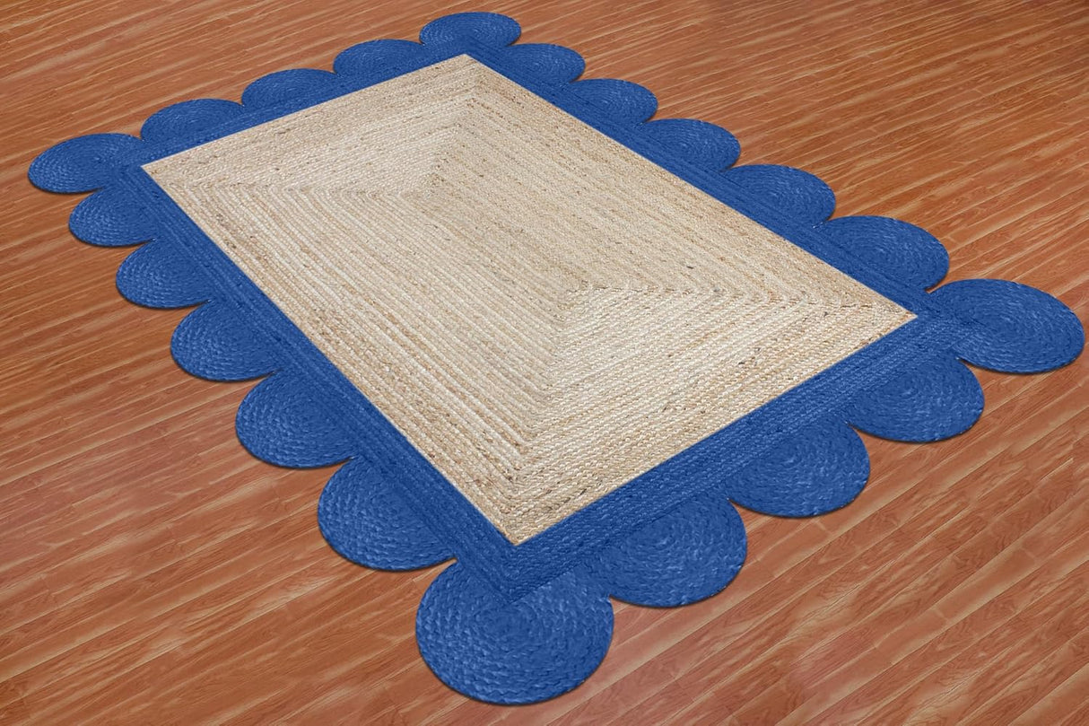 Black Border Jute Rug – Hand-Braided Scalloped Rug for Patio or Living Room