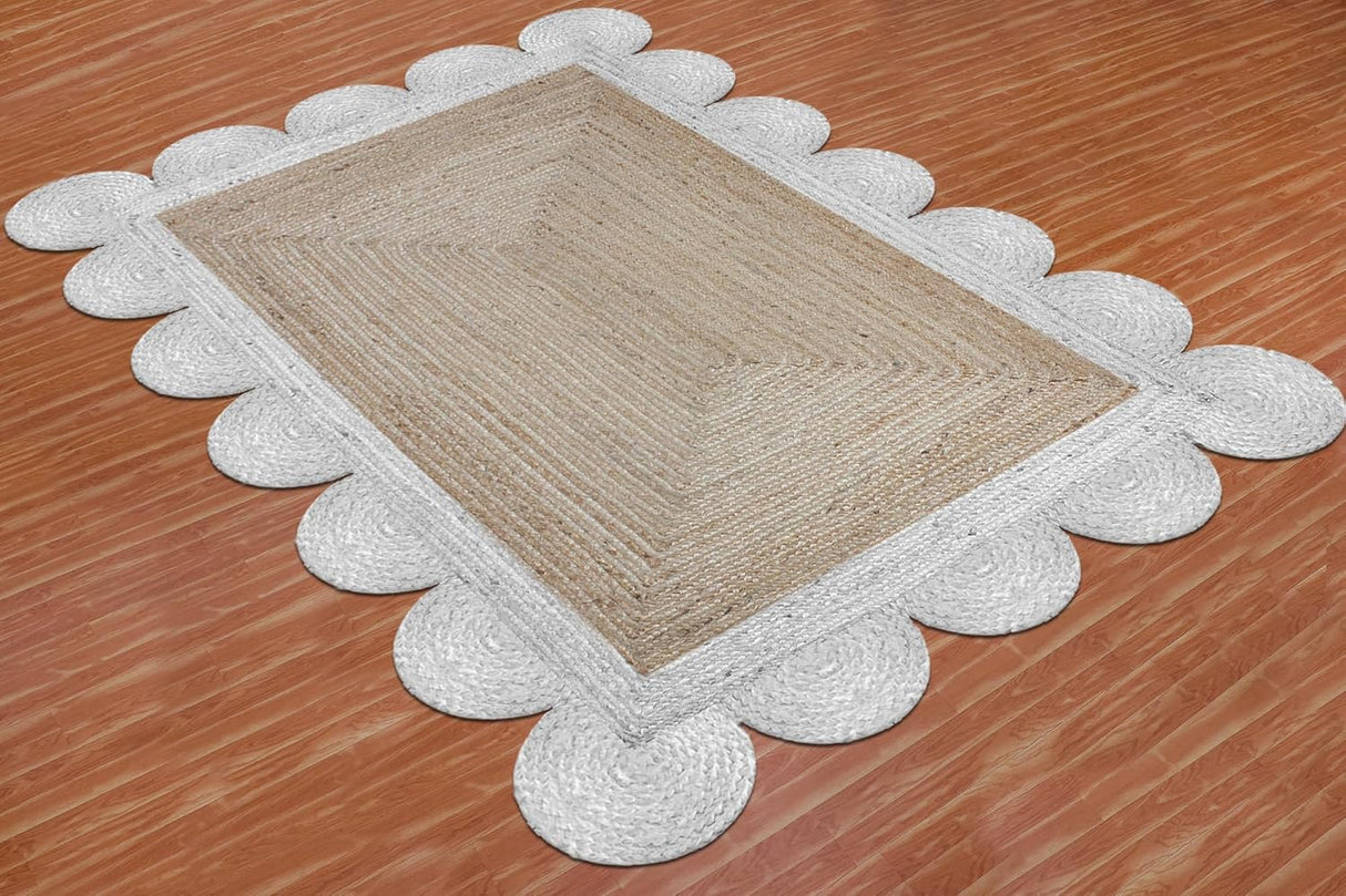 Black Border Jute Rug – Hand-Braided Scalloped Rug for Patio or Living Room