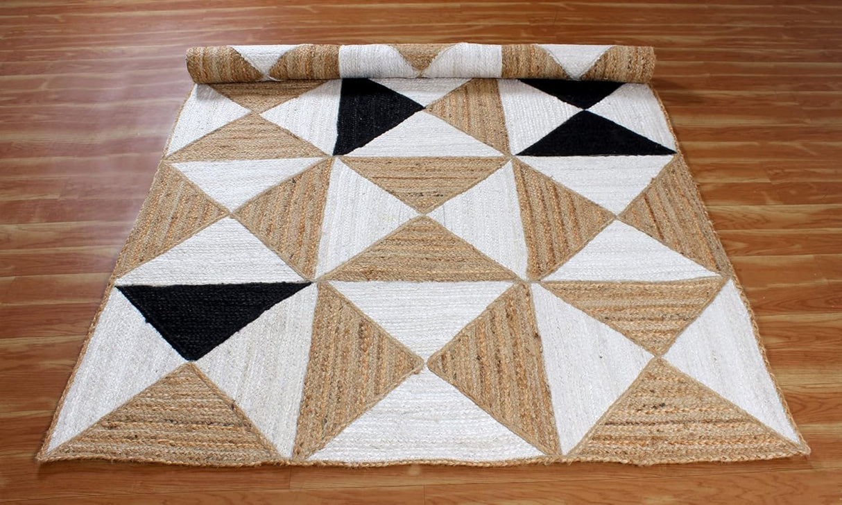 Beige and Black Indian Rug – Hand-Woven Geometric Area Rug for Living Room