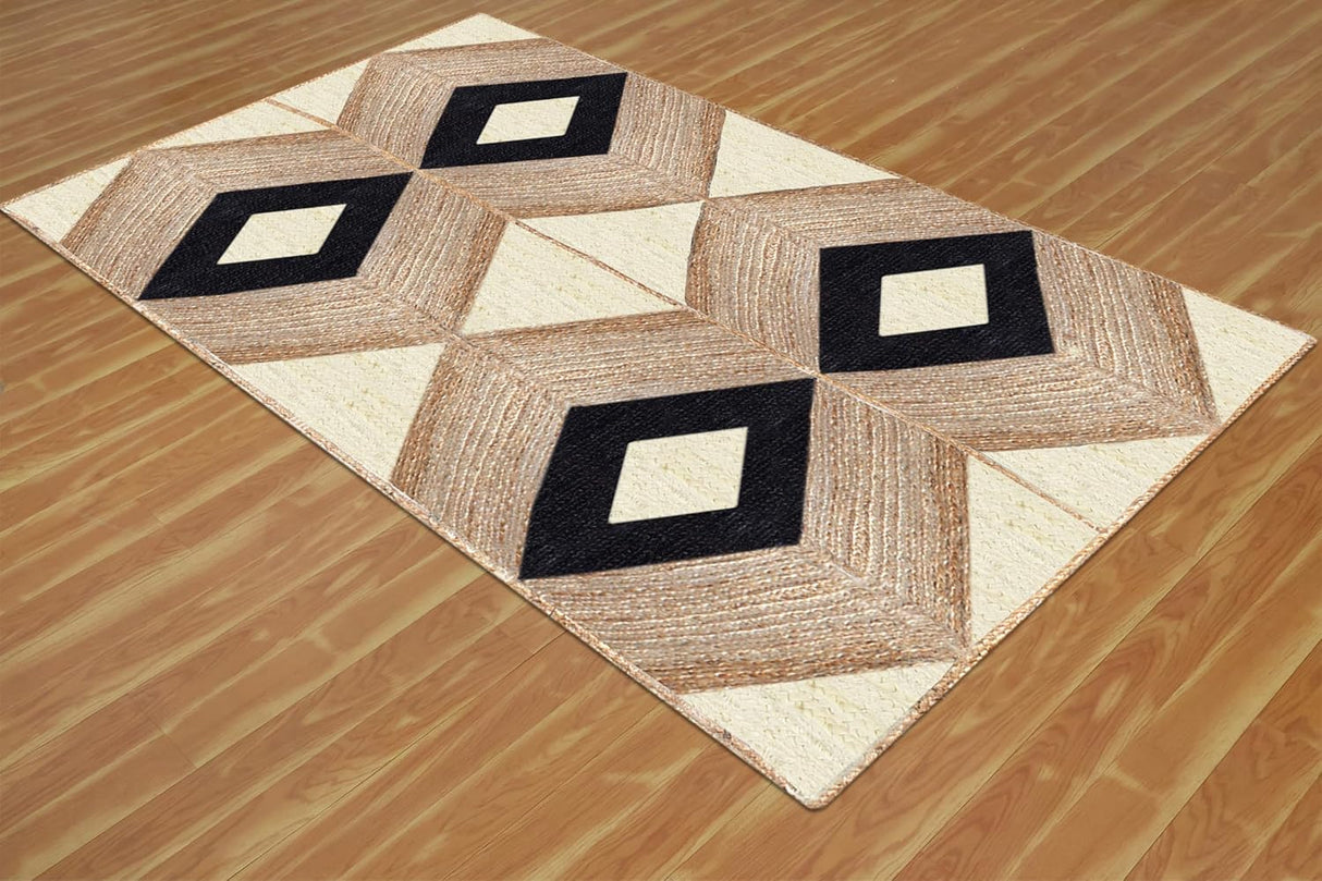 Beige and Black Indian Rug – Hand-Woven Geometric Area Rug for Living Room