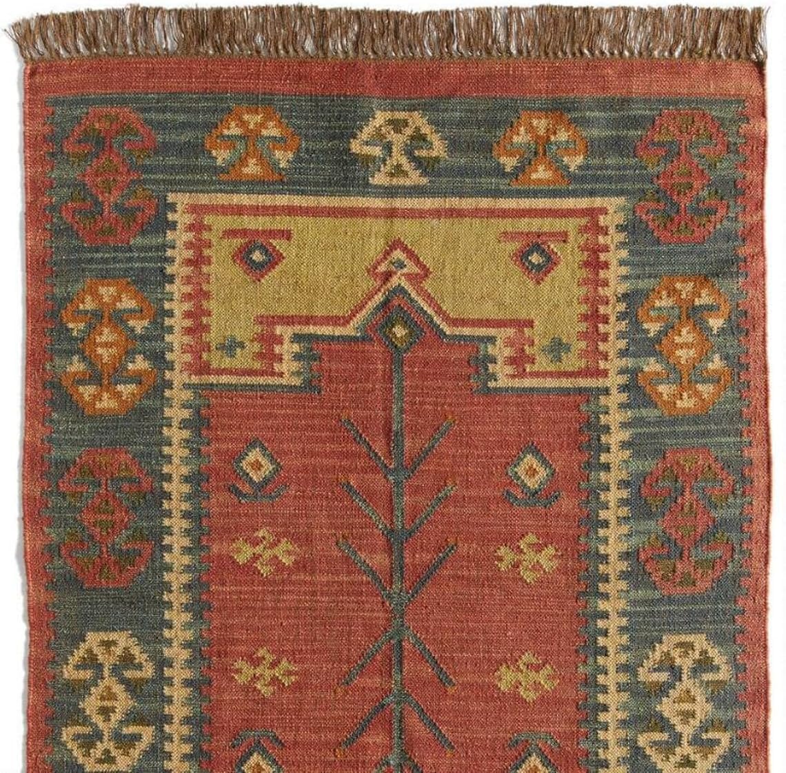 Kilim Area Rug, Wool And Jute Flatweave Red Dhurrie Carpet Rug