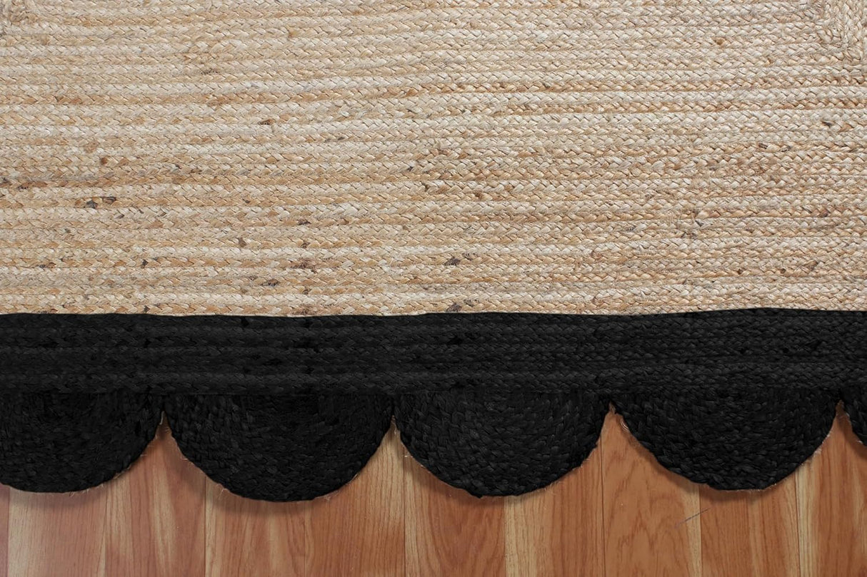 Black Border Jute Rug – Hand-Braided Scalloped Rug for Patio or Living Room