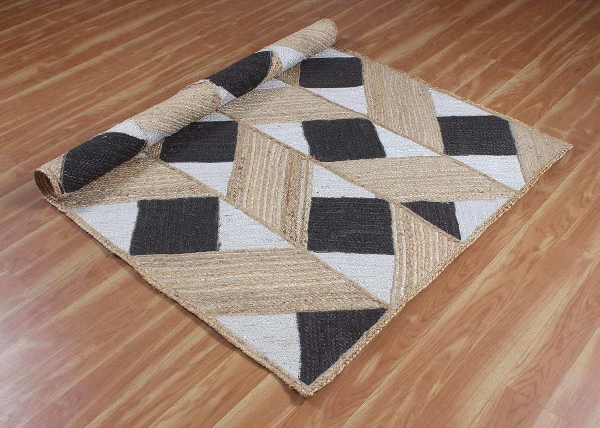 Beige and Black Indian Rug – Hand-Woven Geometric Area Rug for Living Room
