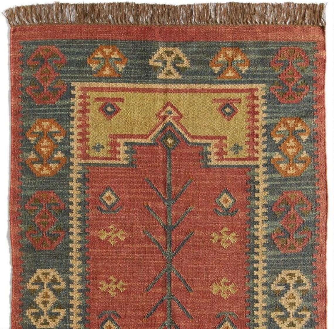 Kilim Area Rug, Wool And Jute Flatweave Red Dhurrie Carpet Rug