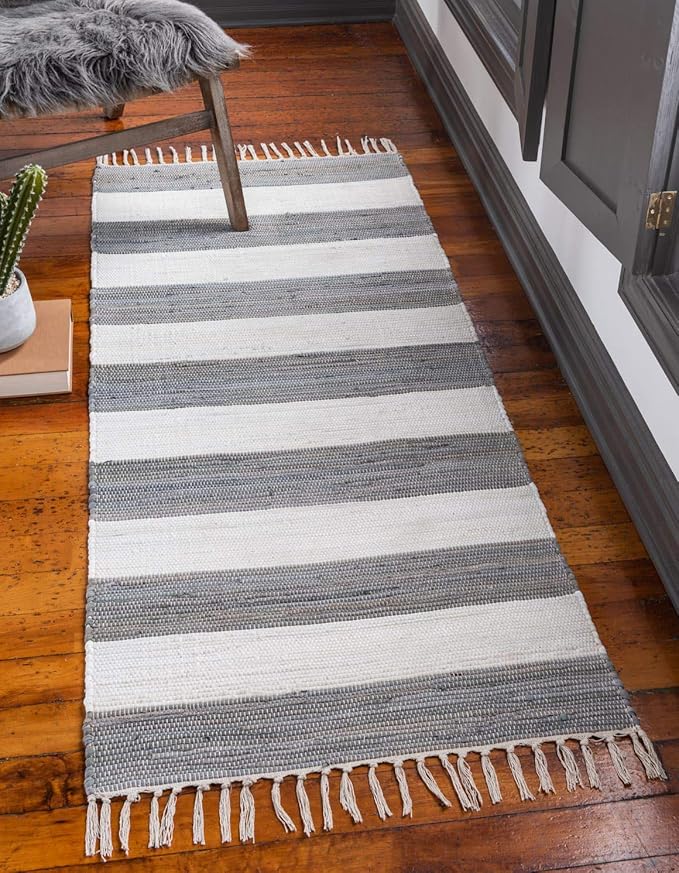 Chindi Rag Collection Hand Woven Striped Natural Fibers Gray Runner Rug