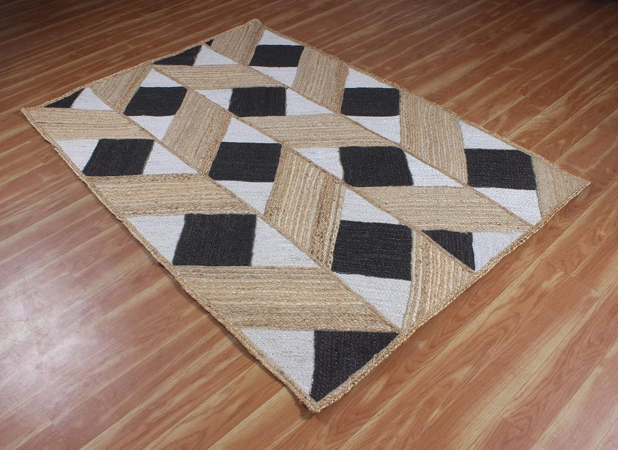 Beige and Black Indian Rug – Hand-Woven Geometric Area Rug for Living Room