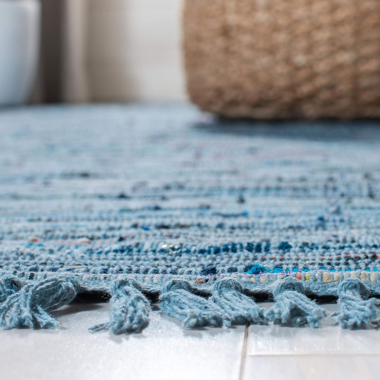 Handmade Boho Stripe Washable Blue/Multi Cotton Area Rug