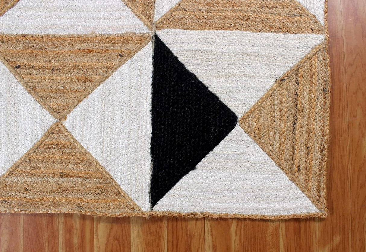 Beige and Black Indian Rug – Hand-Woven Geometric Area Rug for Living Room