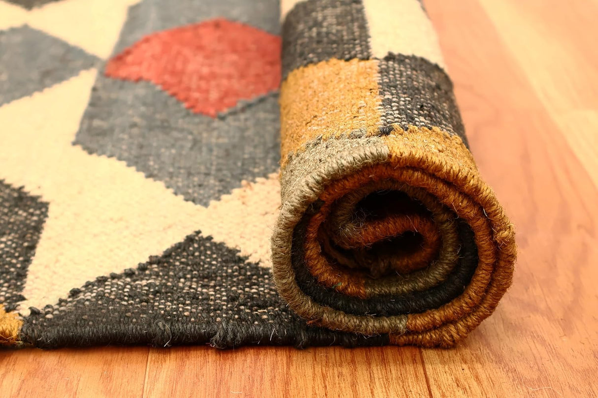Wool Kilim Rug,Yellow Multicolor Wool & Jute Hand Woven Rug