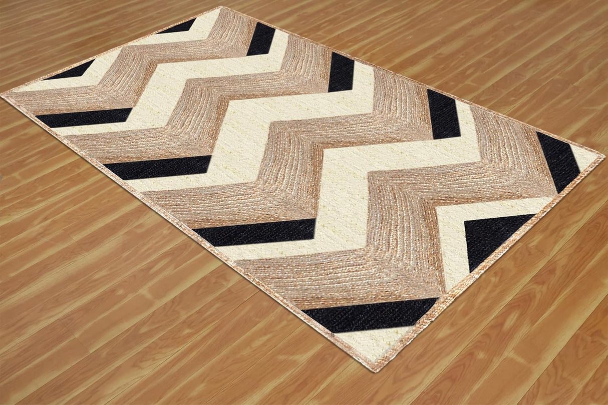 Beige and Black Indian Rug – Hand-Woven Geometric Area Rug for Living Room